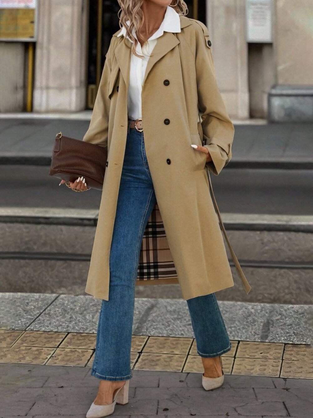 Khaki Casual Women's Long Sleeve Double-Breasted Long Trench Coat - Picture 4 of 7